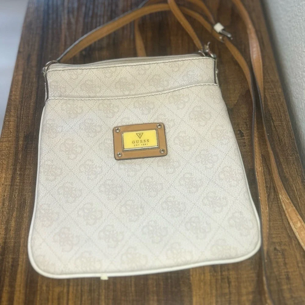 Guess Crossbody Bag Cream Tan Monogram Logo Print Adjustable Strap Slim Purse